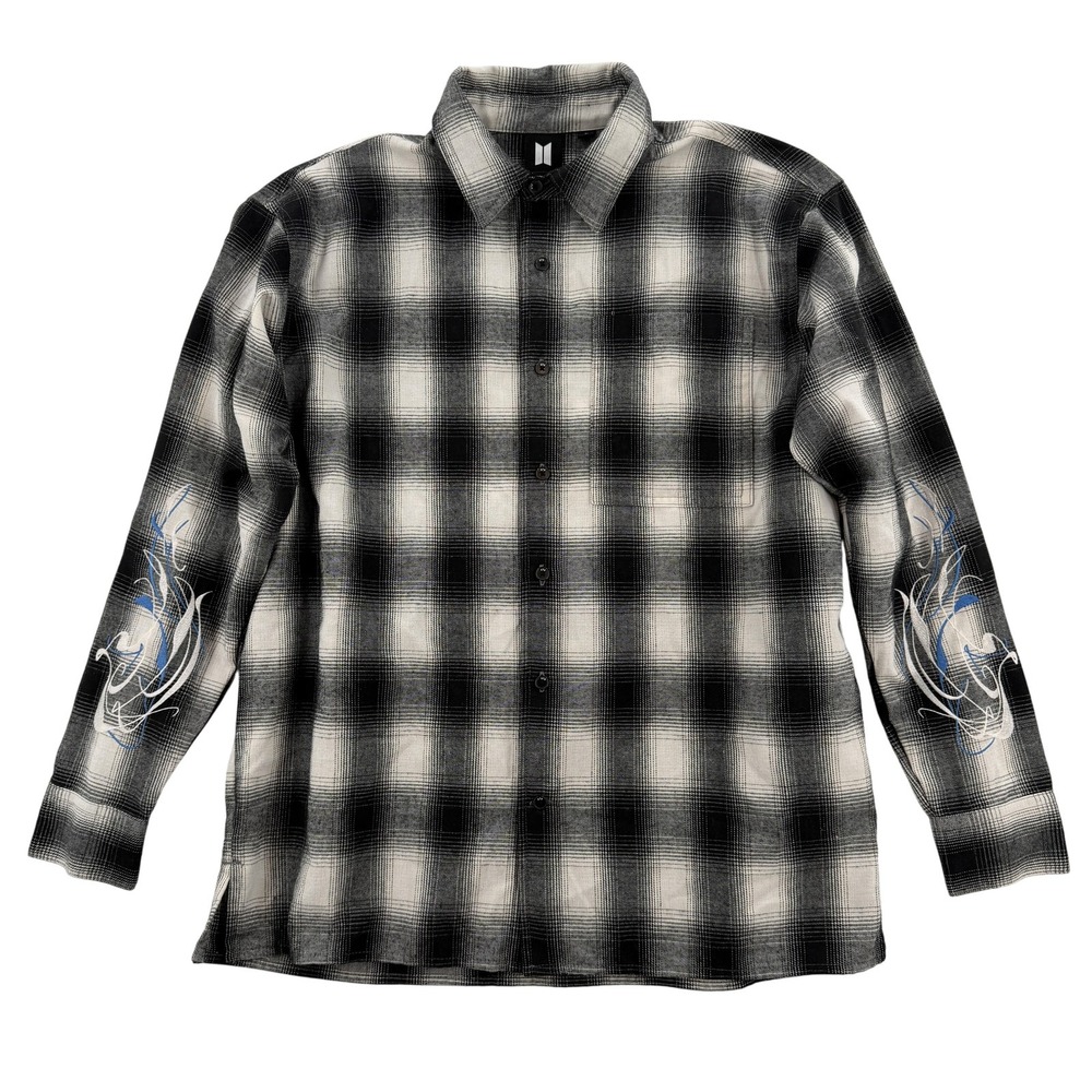 BTS Shirt Mens Medium Black White Plaid‎ Flannel Black Swan Graphic Back K-Pop